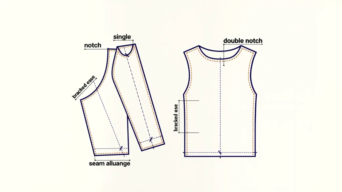 Infographic of a sleeve and armhole pattern piece with notches and matching marks annotated