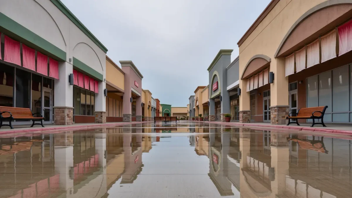 Long outdoor corridor of outlet discount stores under overcast sky