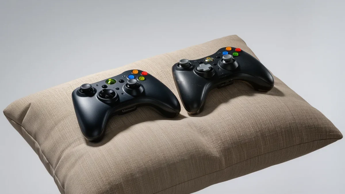Two game controllers resting on a couch between generations