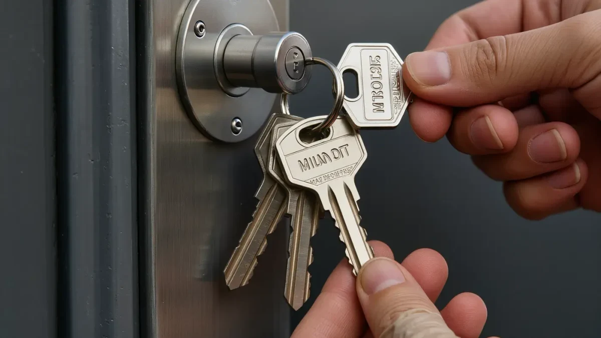 Close-up of a property manager handing unit keys at an apartment door