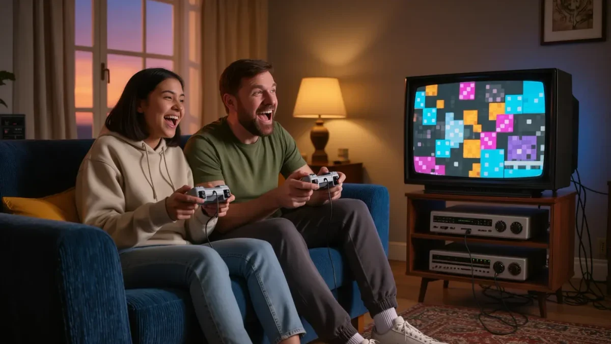 Two friends playing a retro console on a couch
