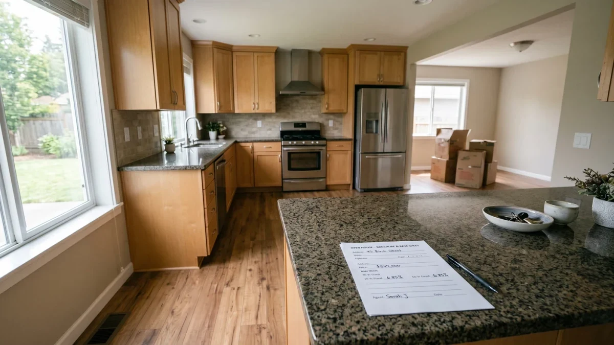 Empty suburban open house with rate sheet on the counter