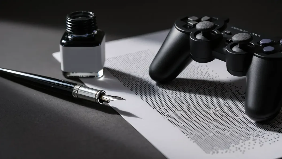 Ink pen and halftone textures beside a game controller