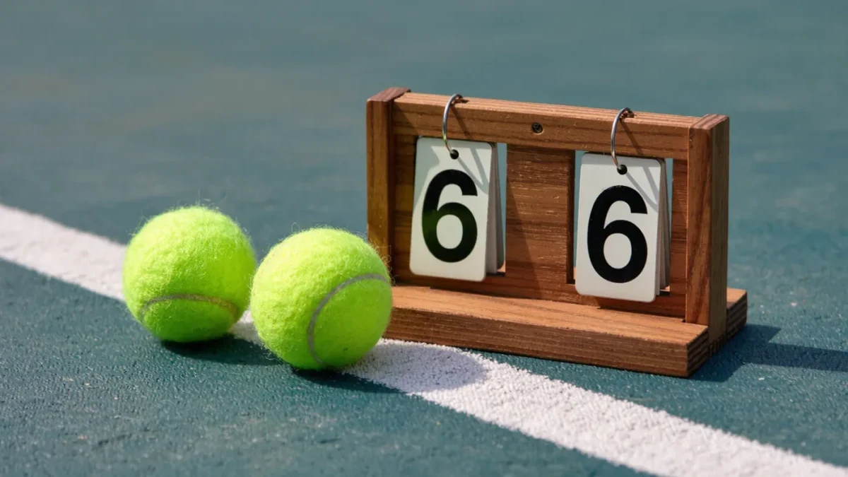 Close-up of worn tennis balls and a scoreboard at set point