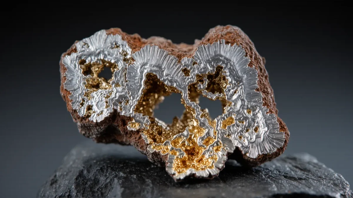 Sliced iron meteorite with crystalline pattern on dark surface