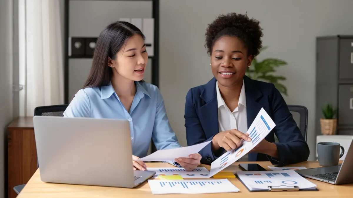 Two women comparing salary figures at a shared office table