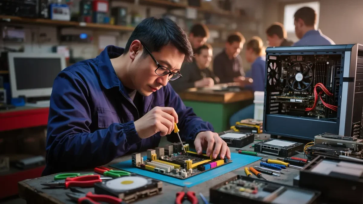 Technician installing an NVMe SSD into a motherboard in a repair workshop
