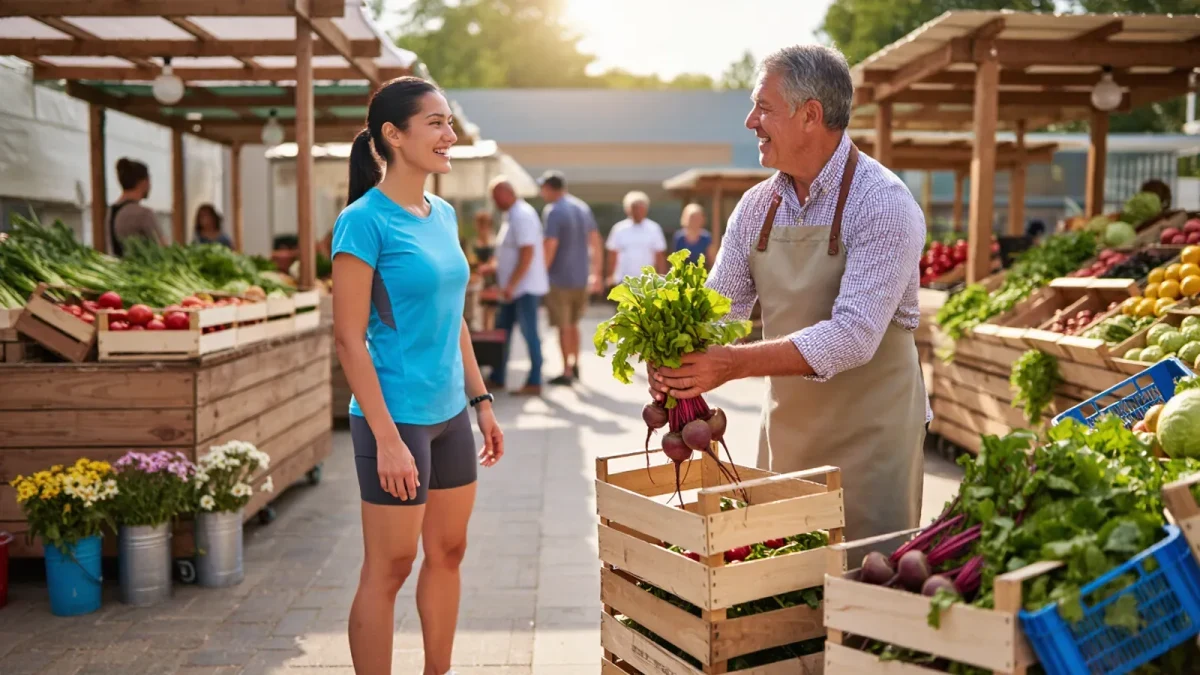 Runners browsing fresh beetroot at a sunny outdoor market stall