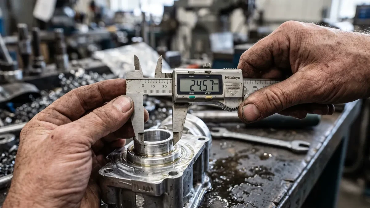 Close-up of a machinist's hands reading calipers over a work order