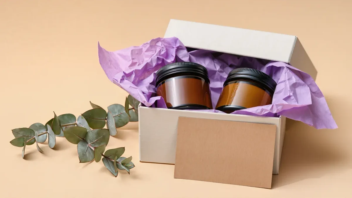 Open gift box with skincare jars and an unwritten thank-you card