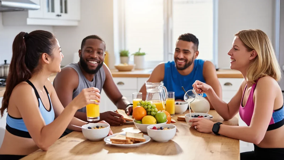 Endurance athletes sharing a carbohydrate-rich breakfast before a long training ride