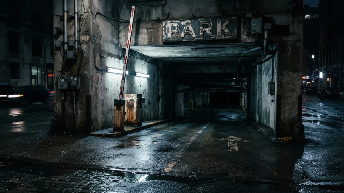 Empty parking garage entrance with barrier arm raised