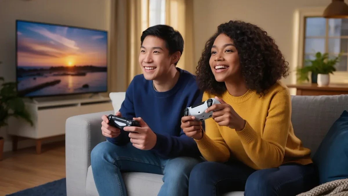 Two friends comparing controllers in a living room gaming setup