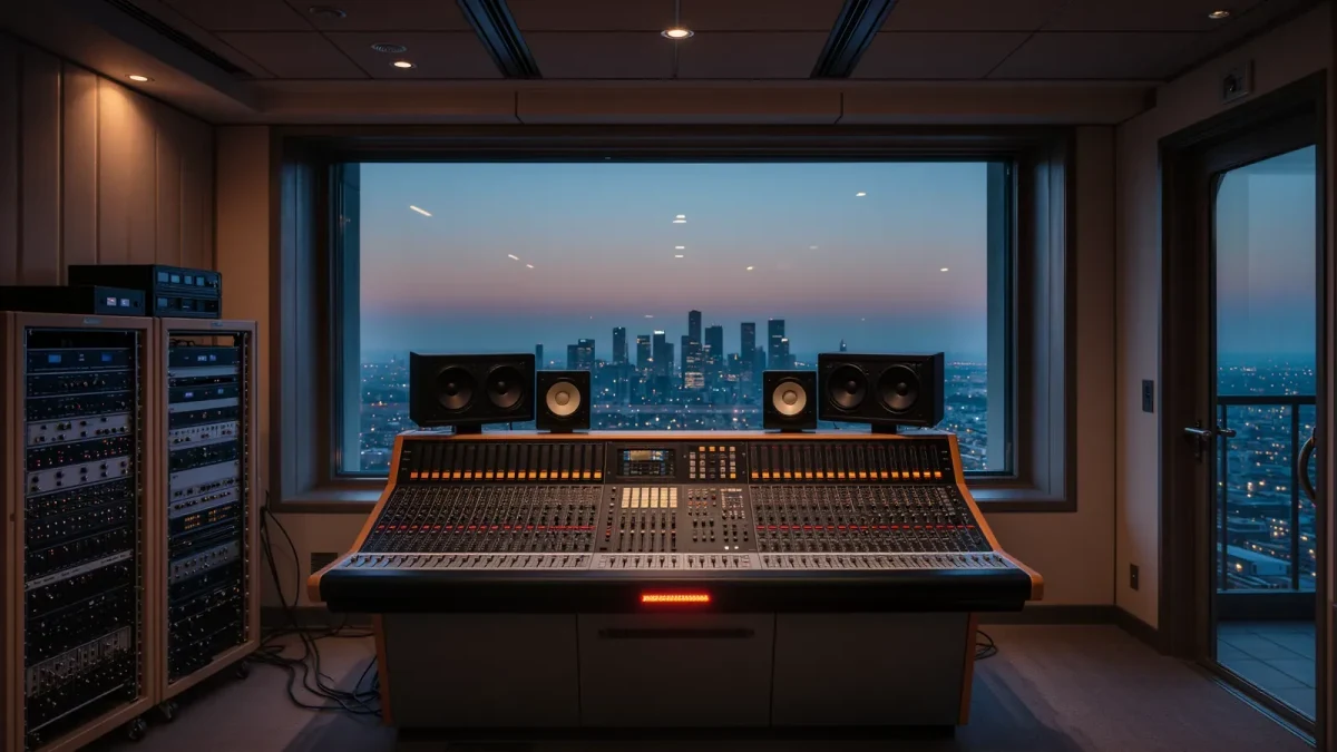 Empty modern recording studio control room at dusk