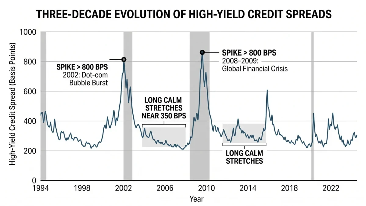 Chart of high-yield spread cycles with recession shading