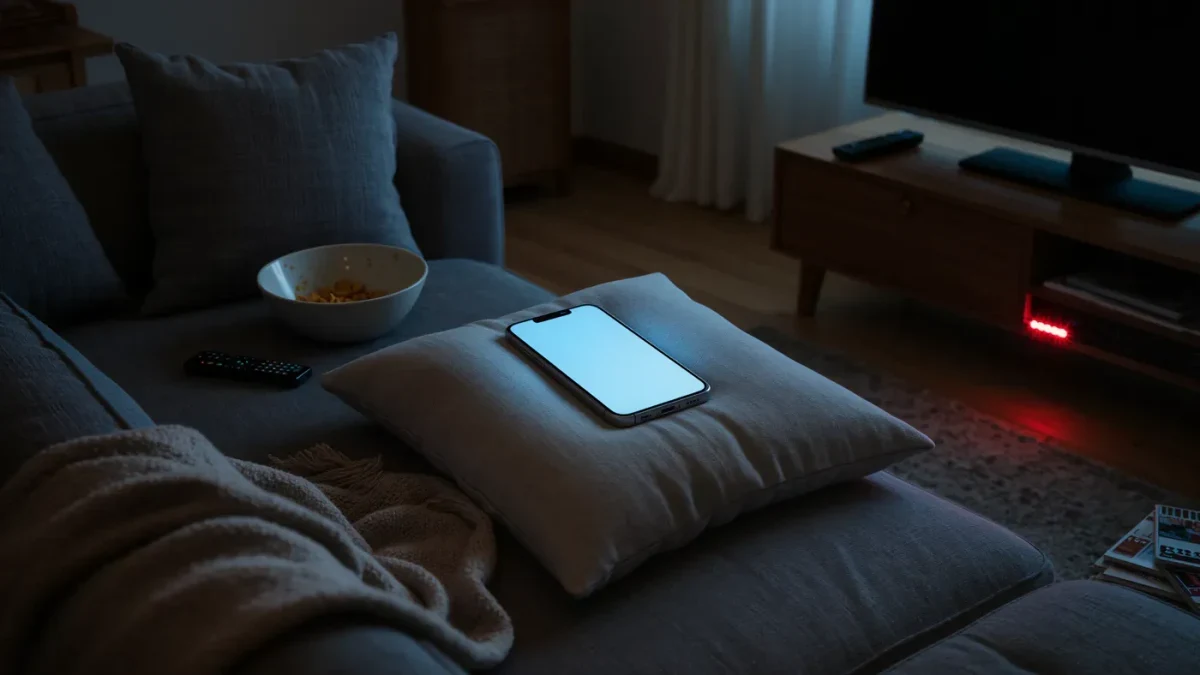 Dim living room at night with phone glow on a couch