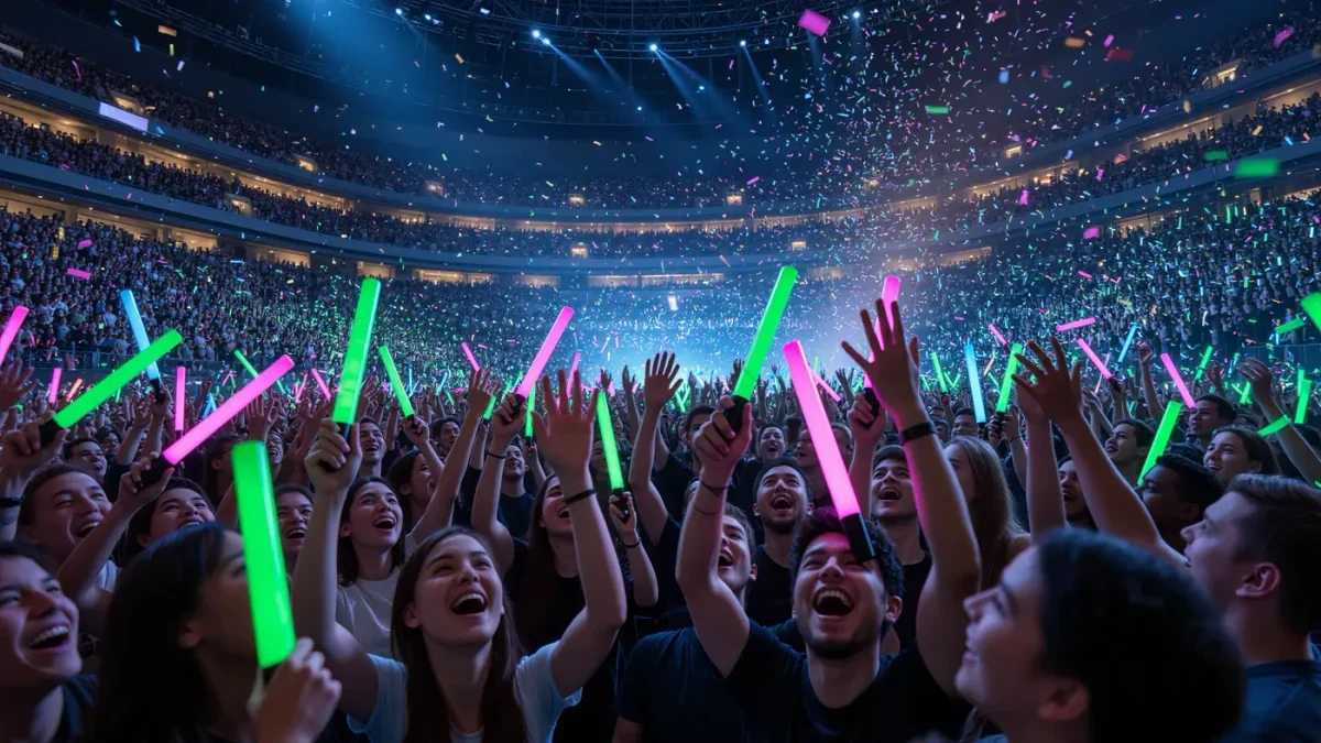 Excited fans with light sticks cheering at a packed esports arena