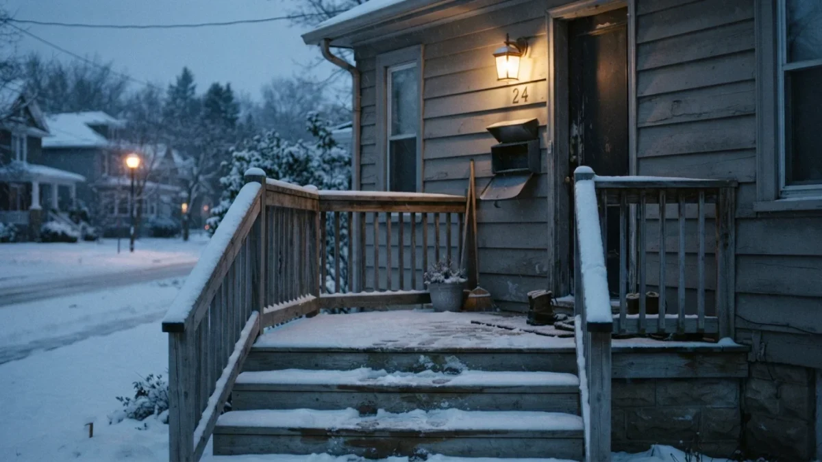 A snowy suburban porch with an empty mailbox at dusk