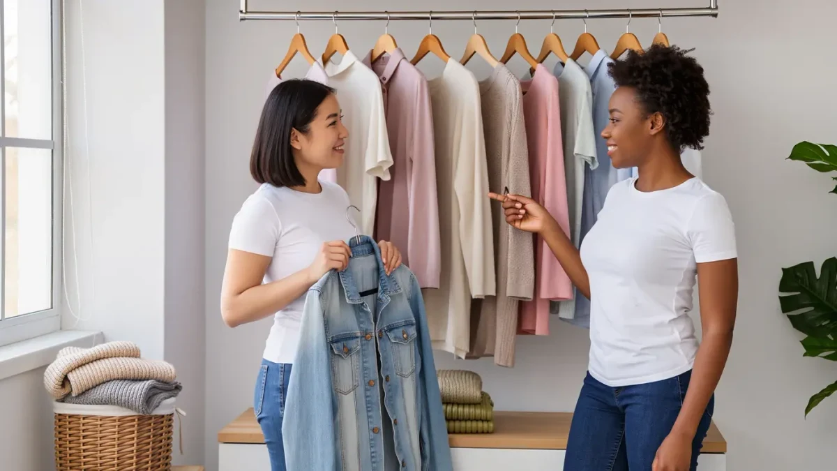 Two friends sort a closet rail together, one holding a worn denim jacket, laundry basket nearby