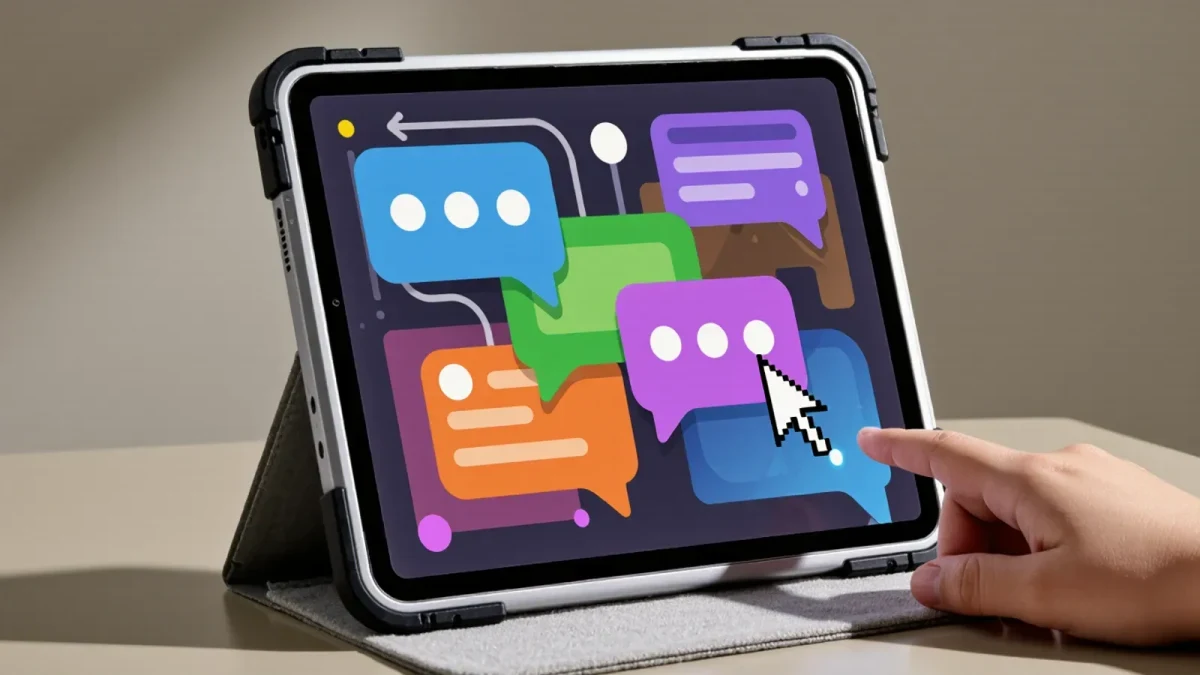 Close-up of a tablet showing a colorful tutoring interface