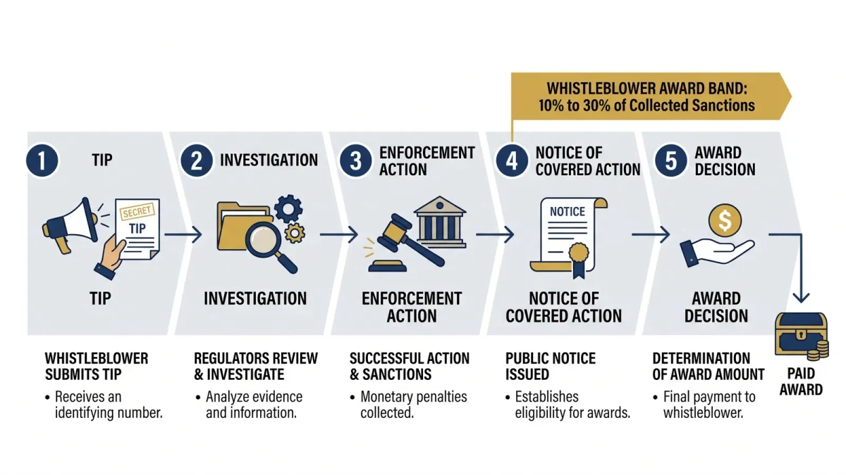 Infographic of the whistleblower award pipeline from tip to payment