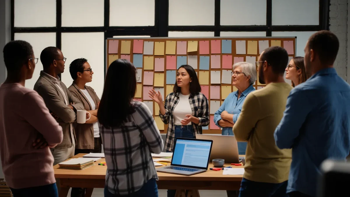 Writers breaking a story on a corkboard-lined writers' room wall