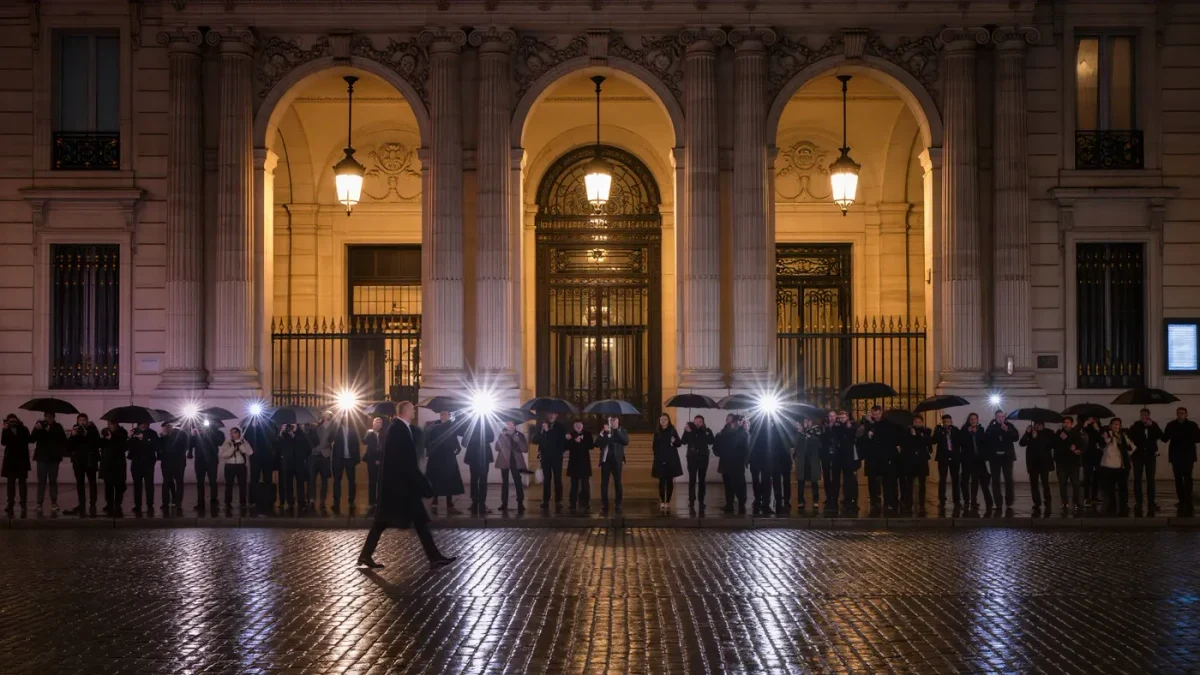 Photographers' flashes over a show venue entrance at night on a Paris street