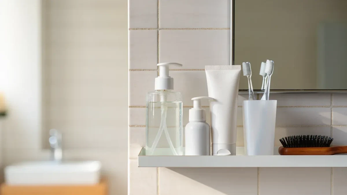 Tidy teenage bathroom shelf with three plain skincare bottles in morning light