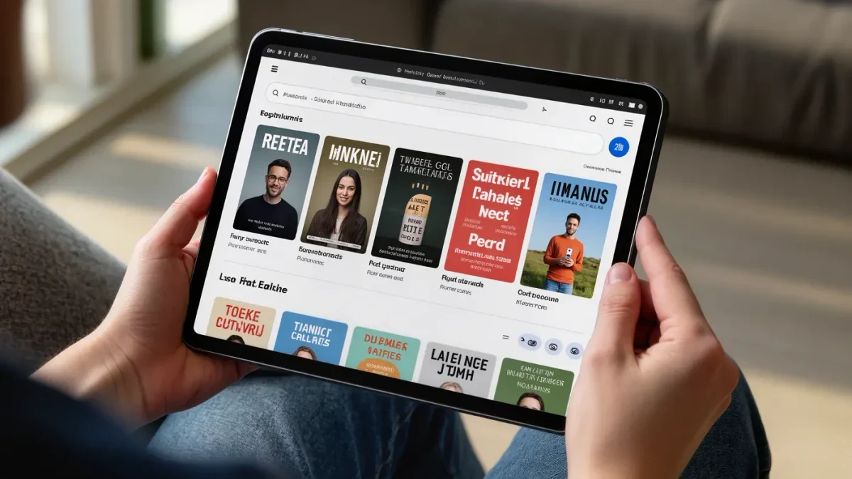 Hands typing a search into a tablet bookstore app