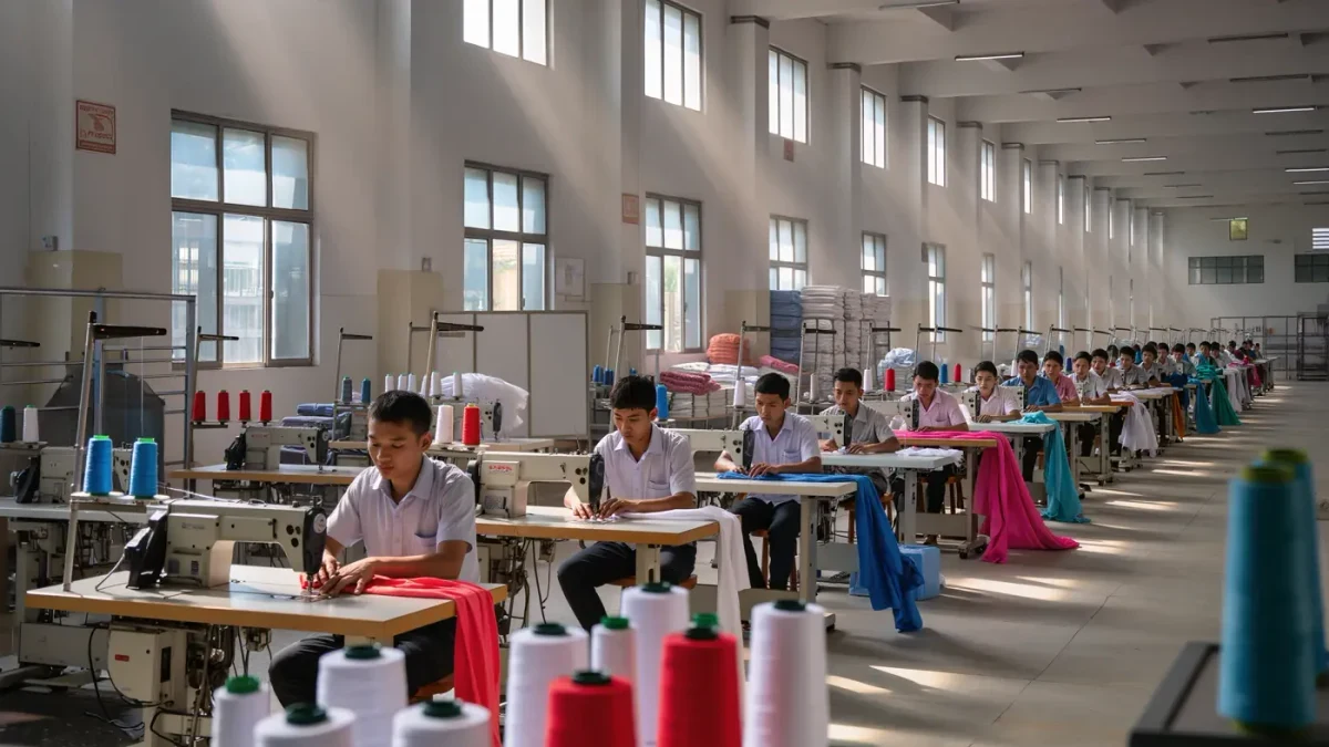 Garment workers at sewing lines in a bright factory hall