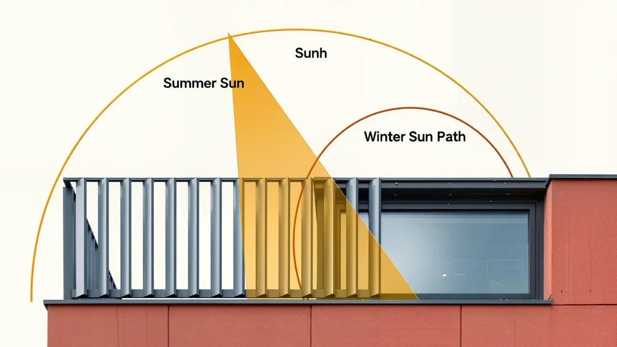 Apartment facade with vertical concrete sun fins casting shadows