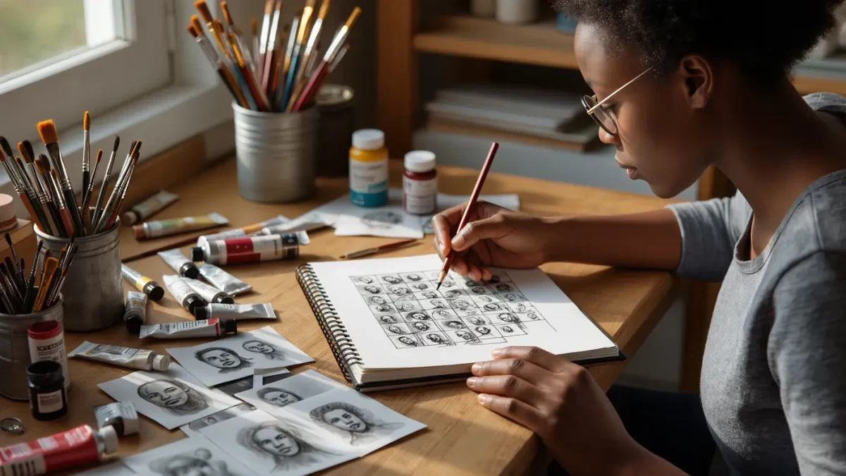 Author-illustrator sketching tiny thumbnail roughs at a wooden studio desk in natural light