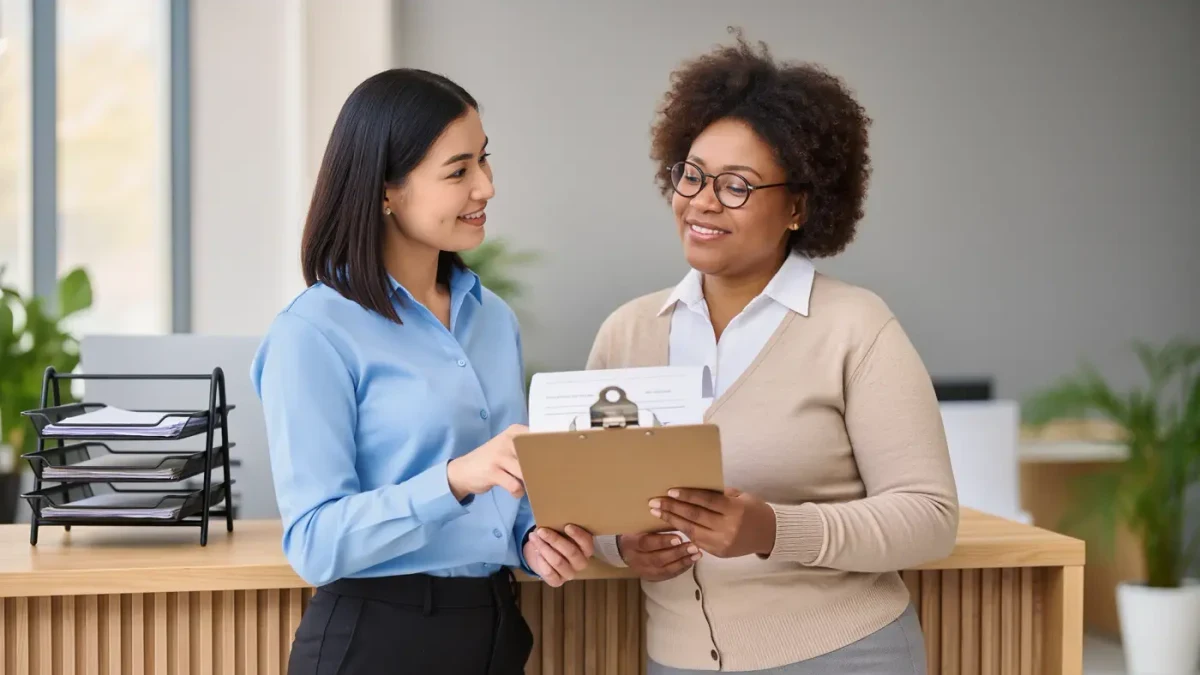 Two women colleagues reviewing pay paperwork at a workplace counter