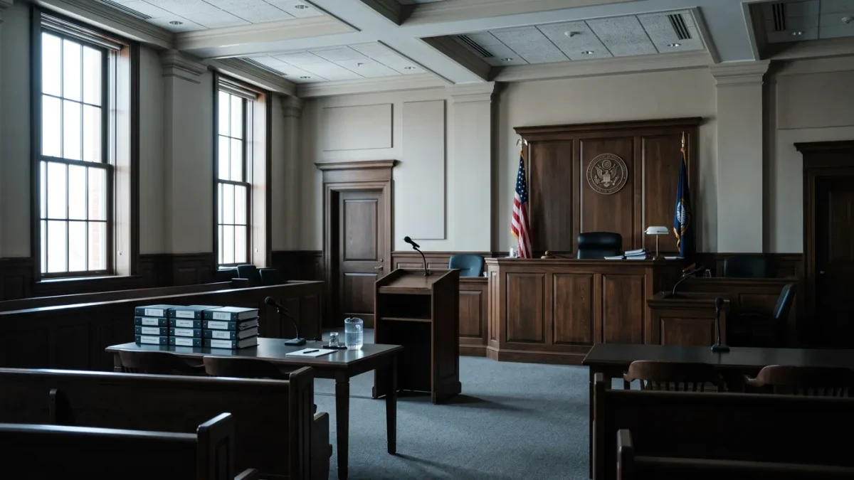 Courtroom podium and microphones facing the bench