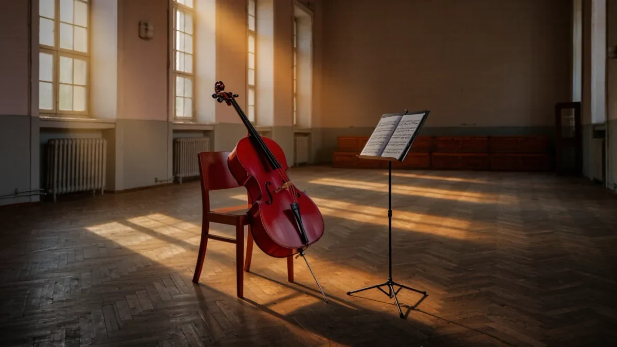 Rehearsal hall with cello resting beside a sheet music stand