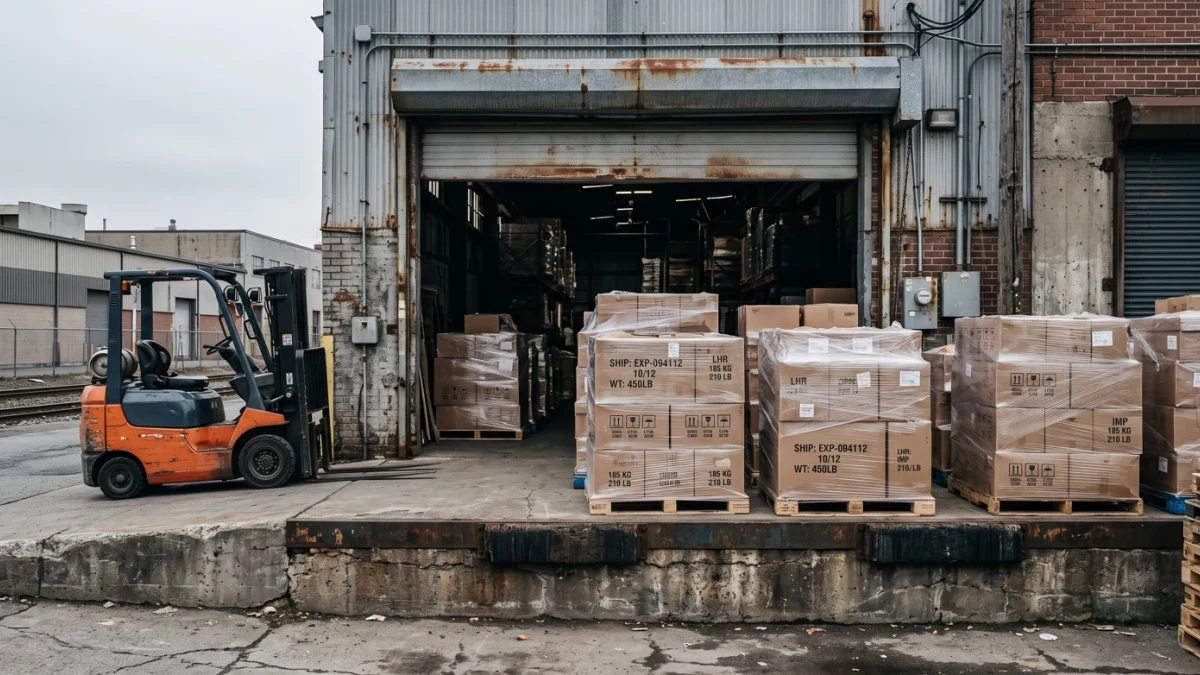 Loading dock with imported pallets and crates