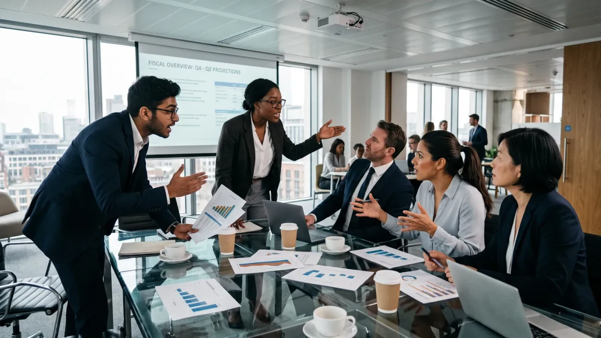 Traders and advisors reviewing merger terms in a glass conference room