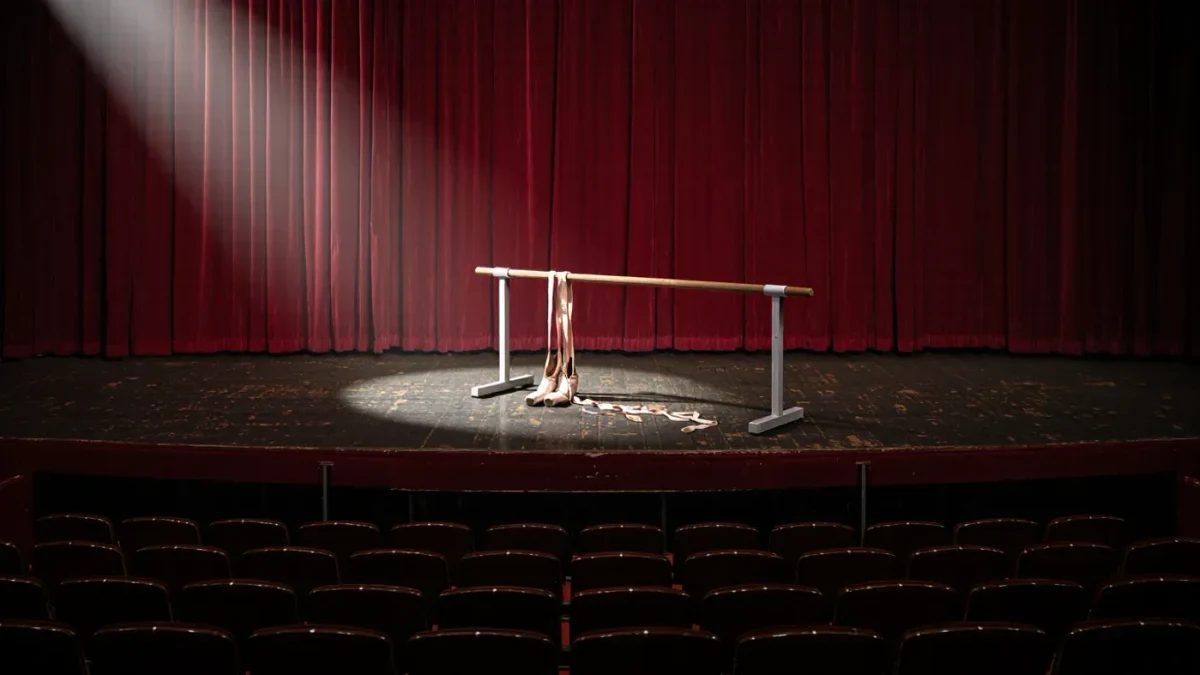 Empty theater stage with lone spotlight, pointe shoes and ballet barre at wing
