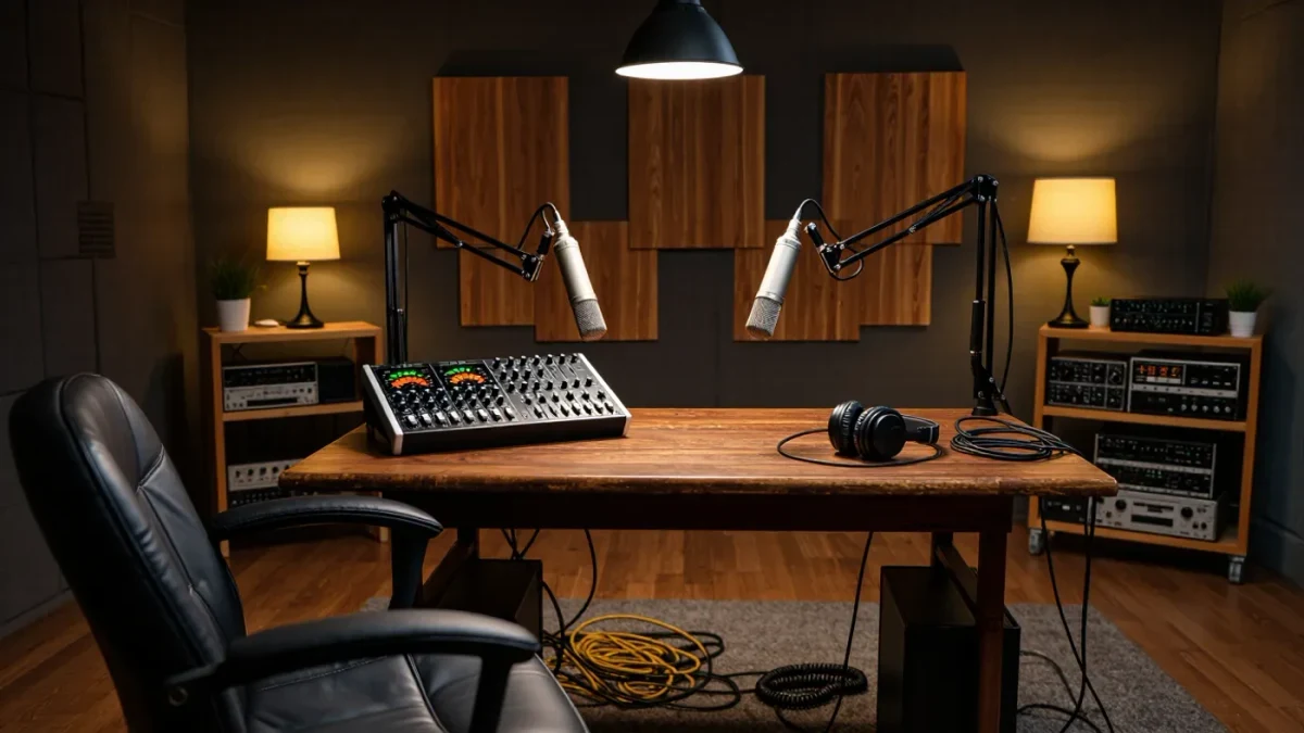 Empty podcast studio with microphones and glowing console