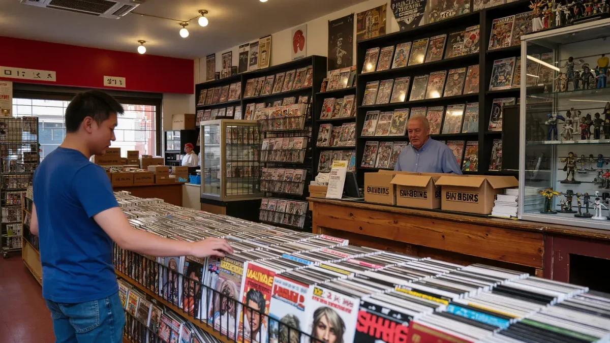 Comic shop customer browsing a wall of colorful new monthly issues