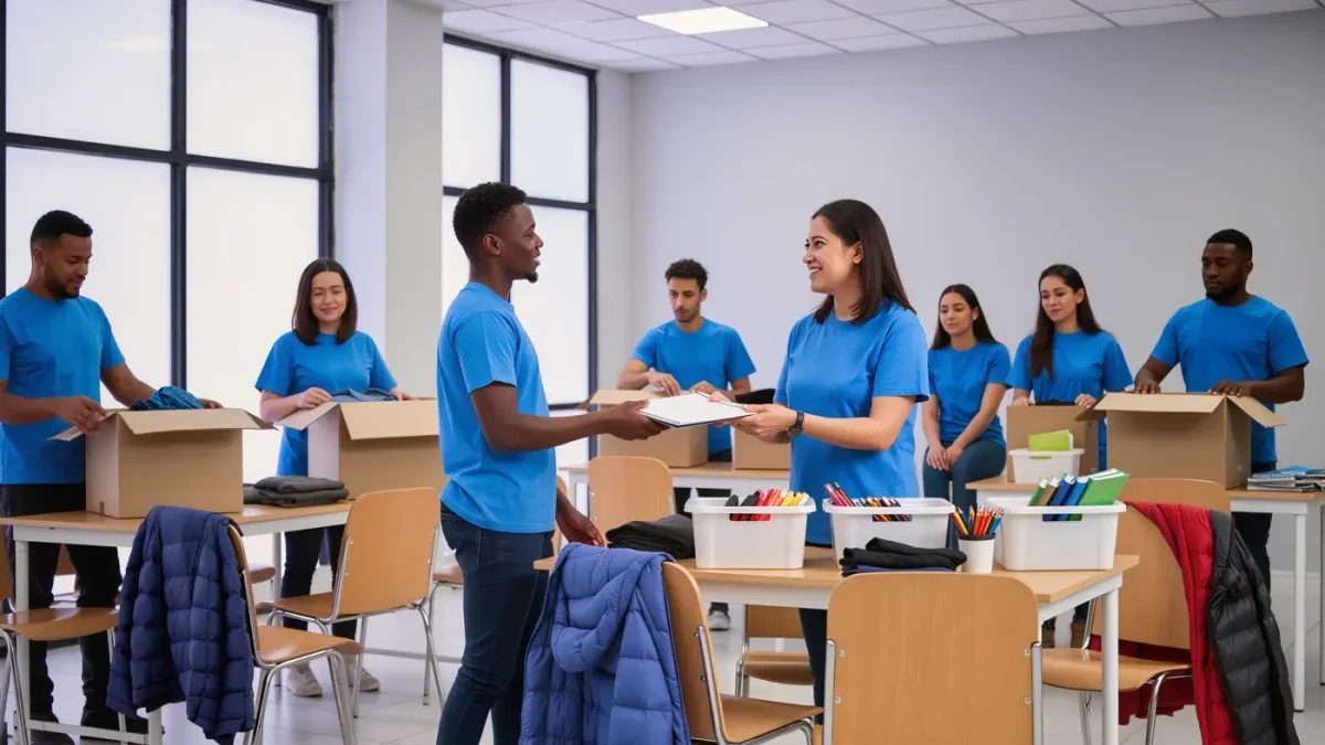 Volunteers sorting donation boxes at a day of service