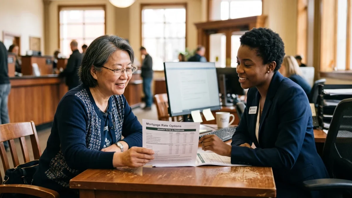 Customer discussing account rates with a bank employee at a branch desk
