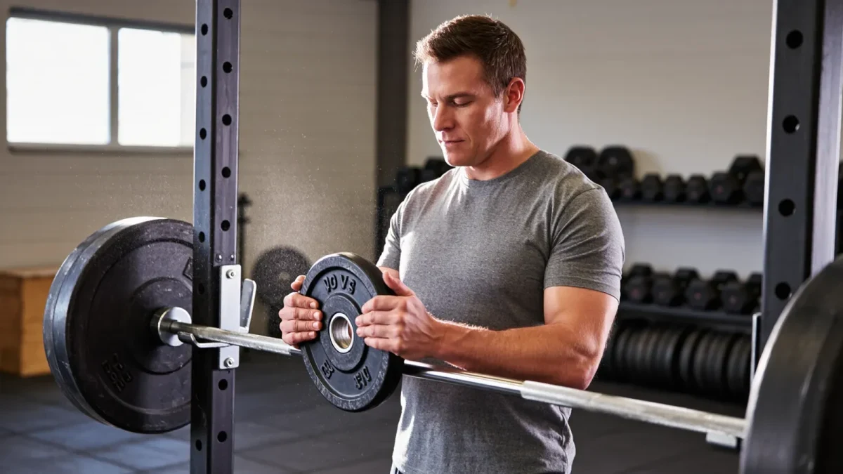 Lifter adding a small weight plate to a barbell in a plain gym