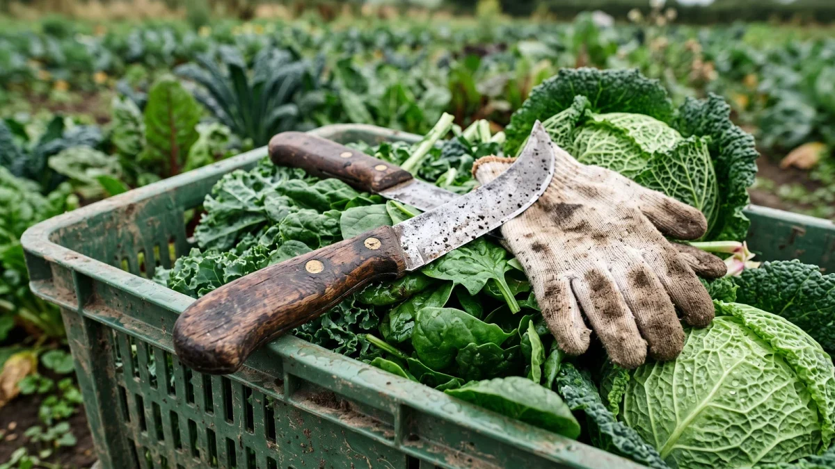 Harvest knives and work gloves resting on a full crate of vegetables