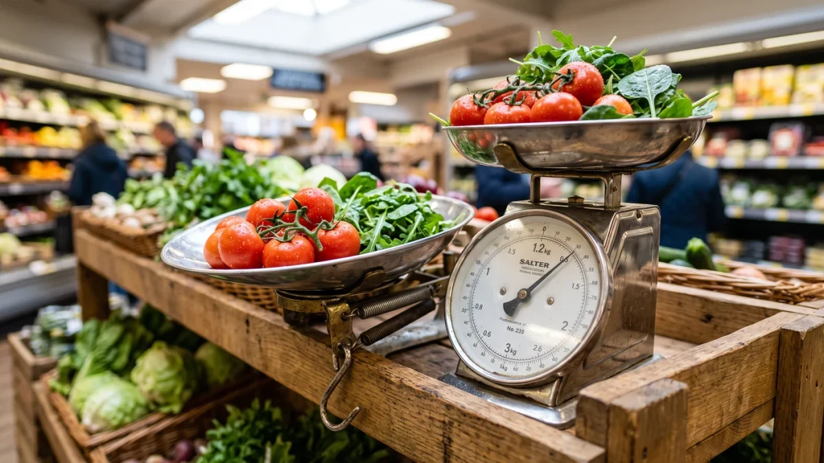 Fresh produce scale with vegetables on a market shelf