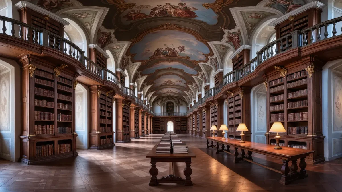 Baroque monastic library hall with empty reading desks and frescoed ceiling