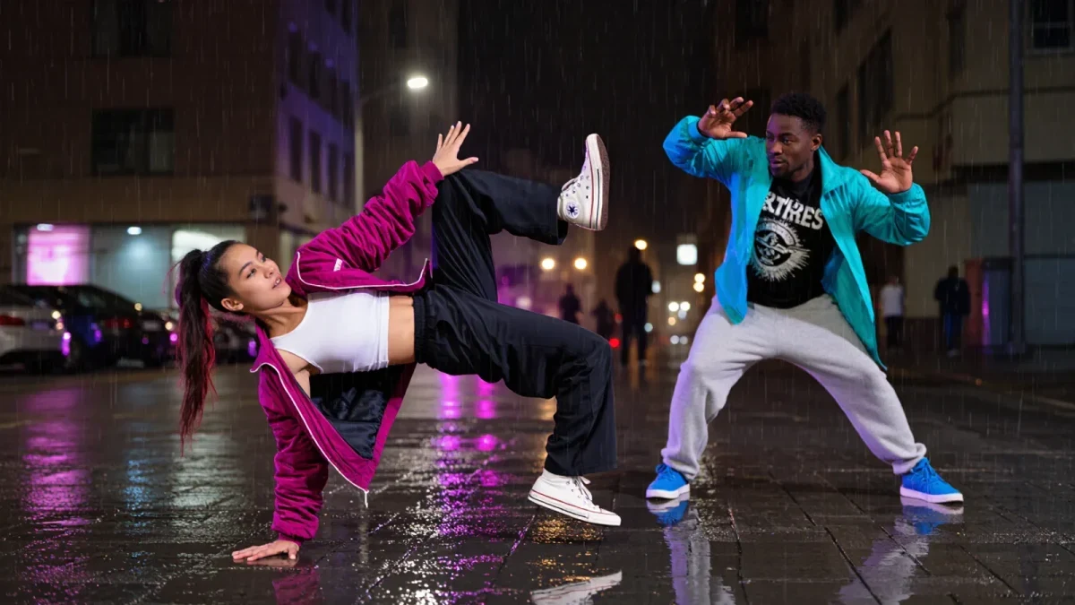 Street dancers mid-move under neon city lights
