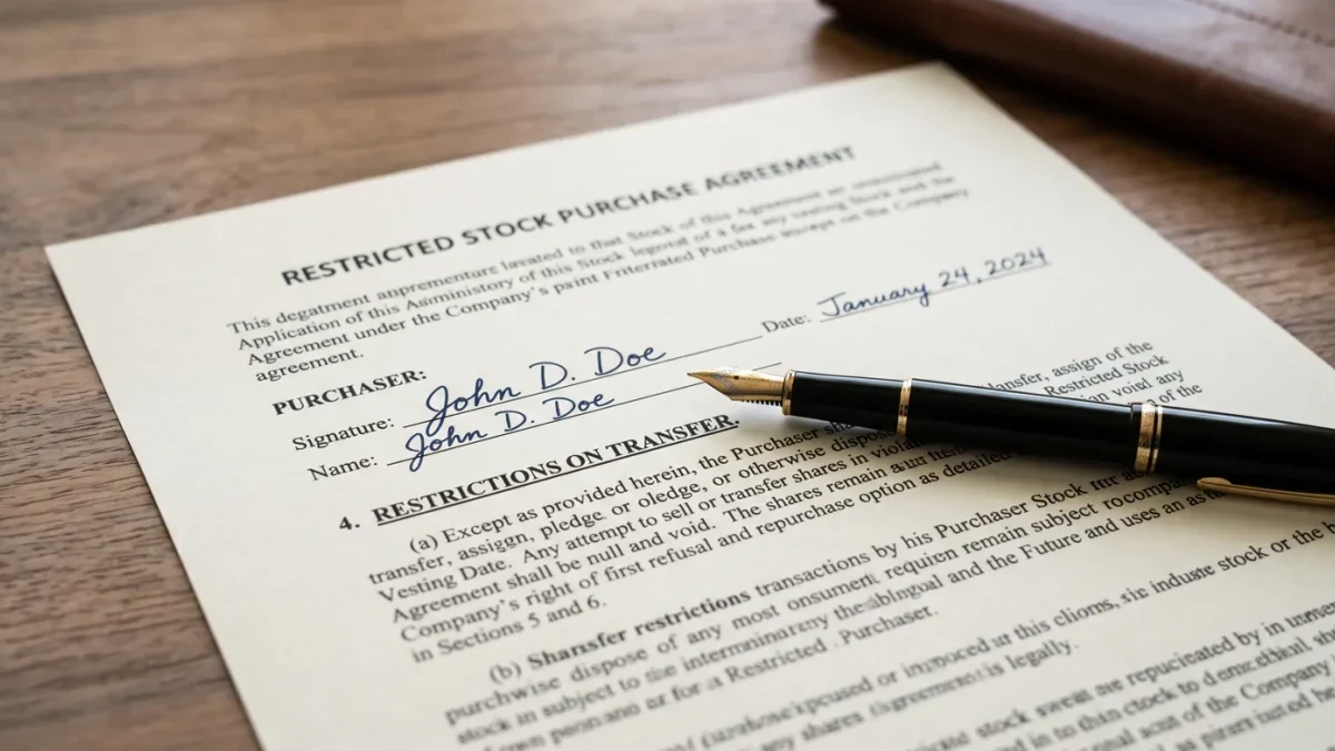 Close-up of a signed restricted stock agreement on a desk