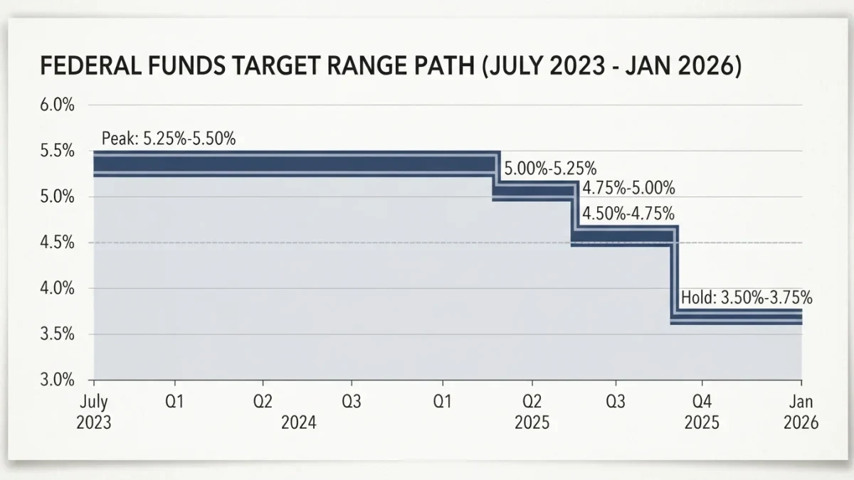 Stepped chart of the fed funds target range held at 3.50 to 3.75 percent