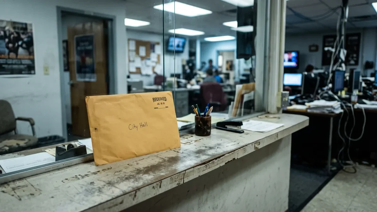 Photojournalistic scene of a government check crossing a newsroom threshold metaphor